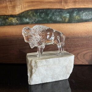 Vintage Signed Victor Trabucco Crystal American Bison Sculpture on Stone Base